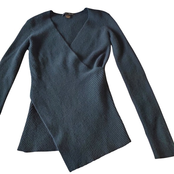 Jenne Maag Sweaters - Jenne Maac Black 100% Cashmere Ribbed Wrap V-Neck Asymmetrical Sweater Small